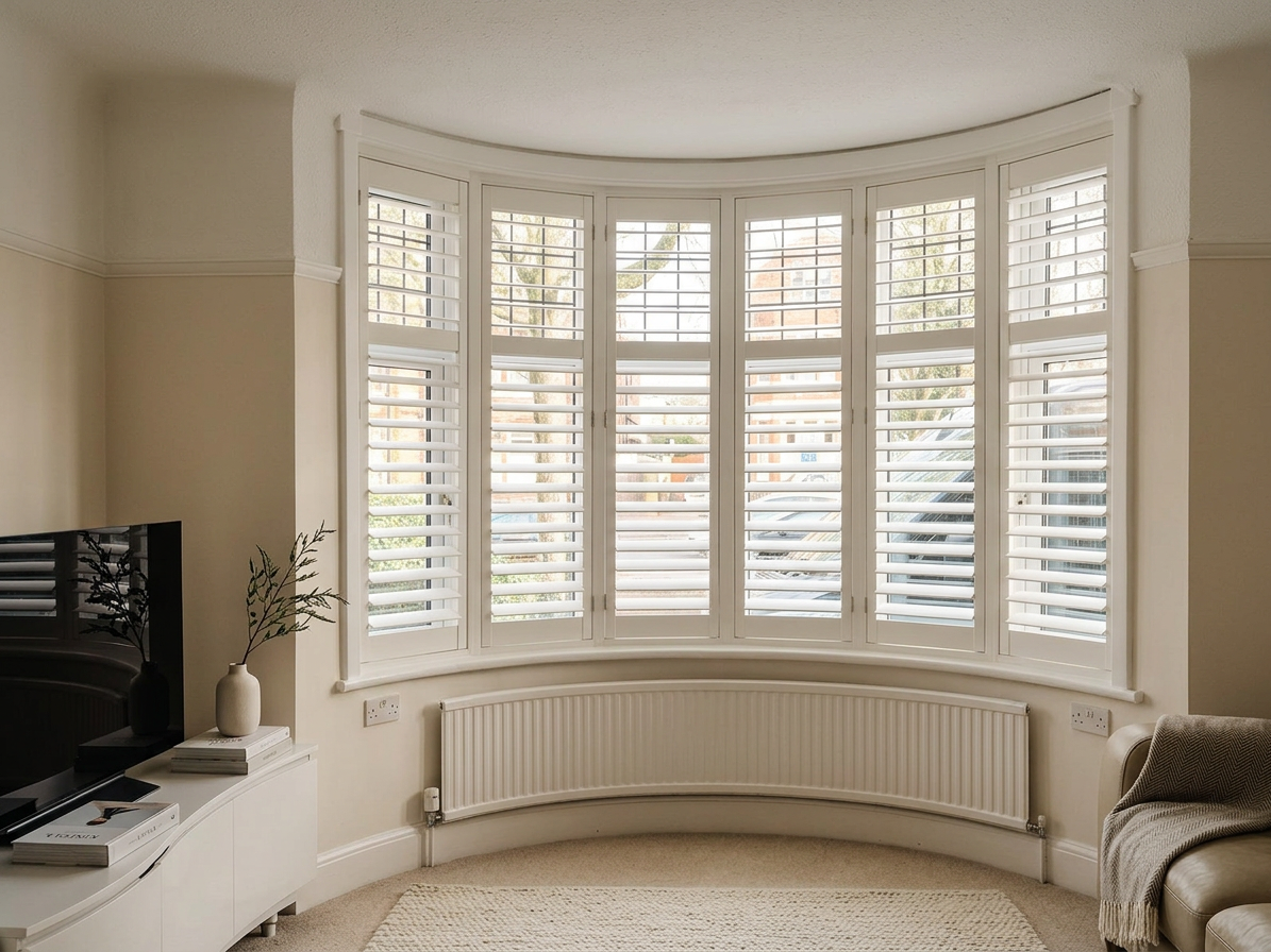 Curved five-section bay window with white plantation shutters in a warm living room