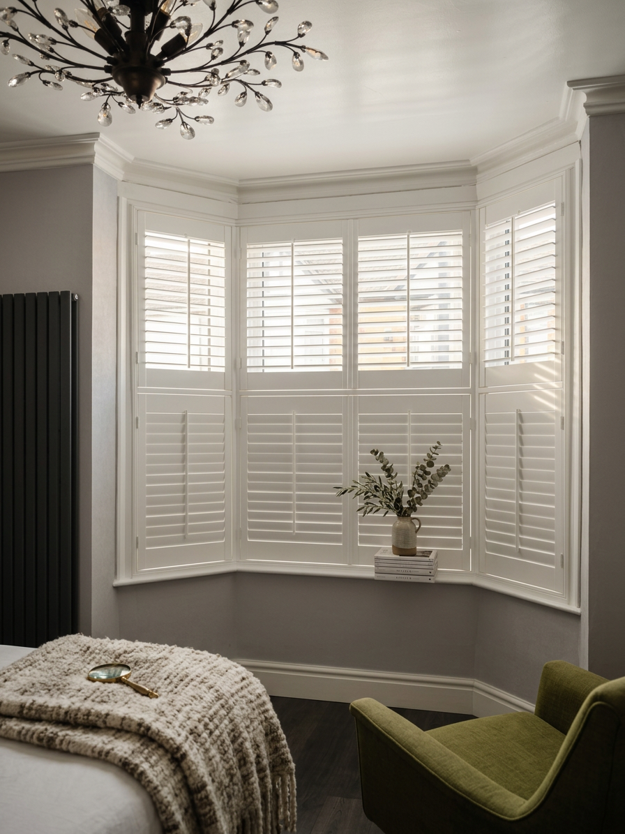 Bay window seat with white shutters and linen cushions