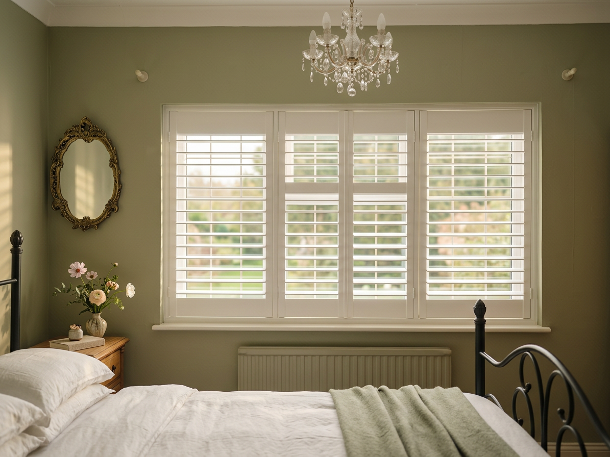 Green bedroom with white plantation shutters, a crystal chandelier and an iron bedstead