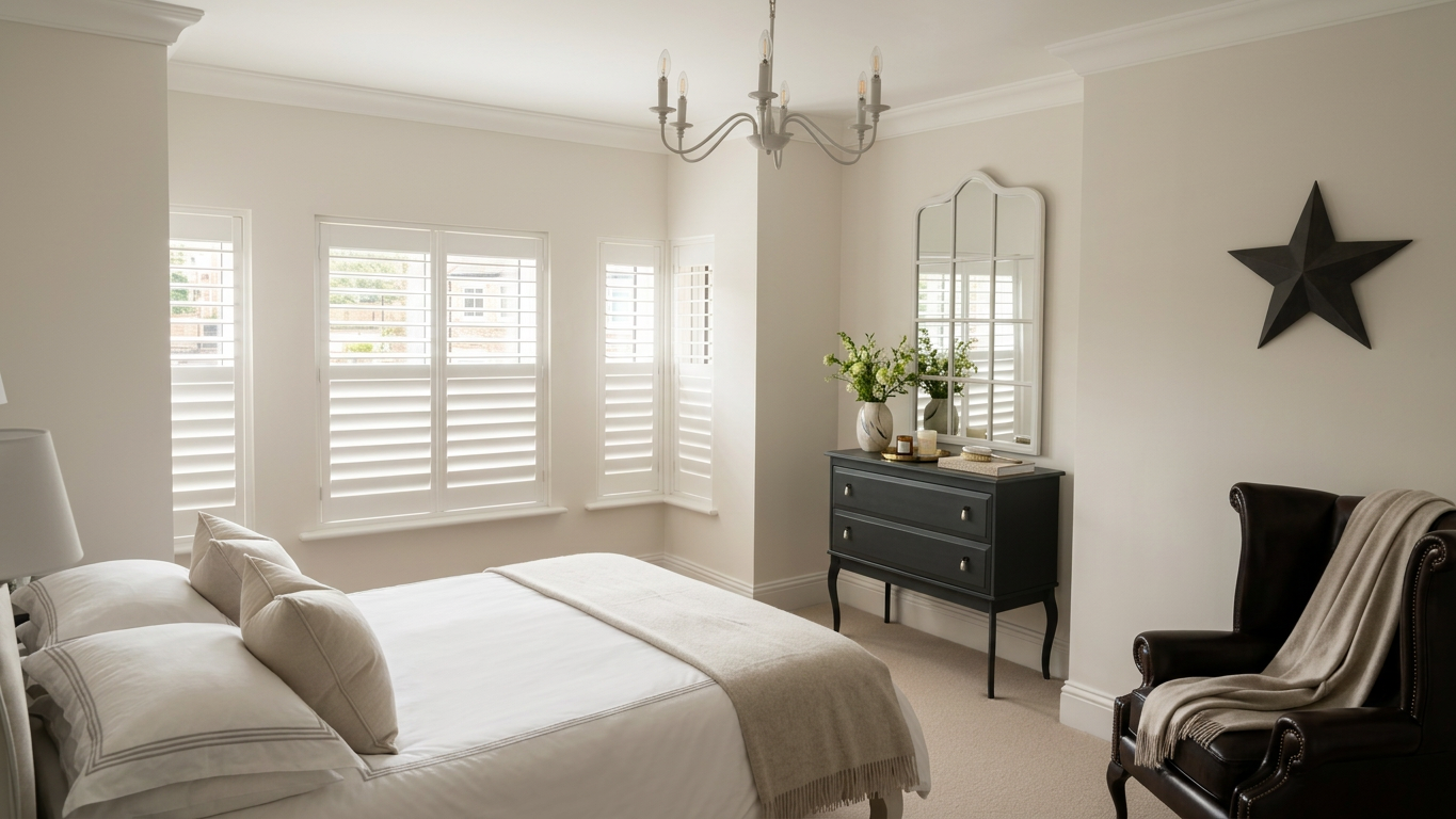 Neutral guest bedroom with white plantation shutters, a chandelier and a dark leather armchair
