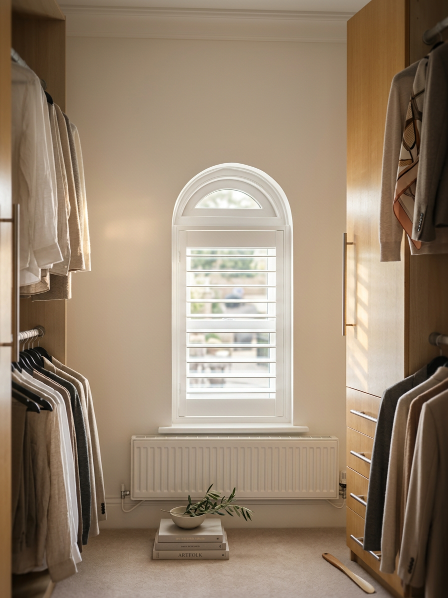 White plantation shutters on an arched dressing-room window, with clothes hanging in a fitted walk-in wardrobe