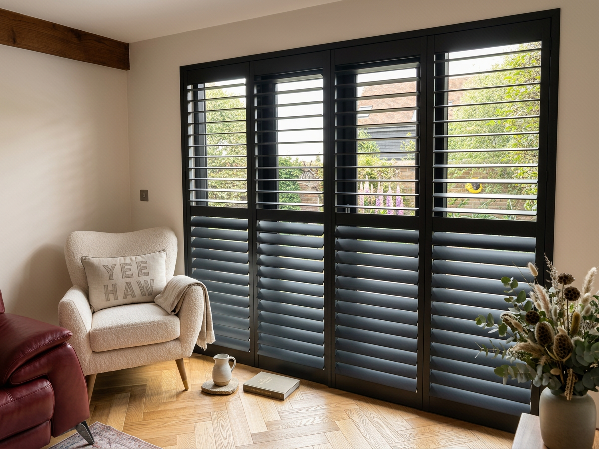 Charcoal tier-on-tier shutters in a living room with a cream armchair and herringbone floor