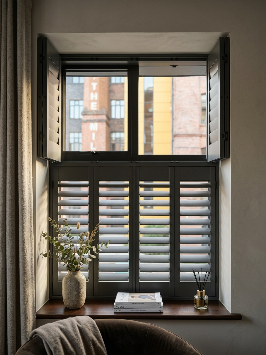 Charcoal tier-on-tier shutters in a city apartment window