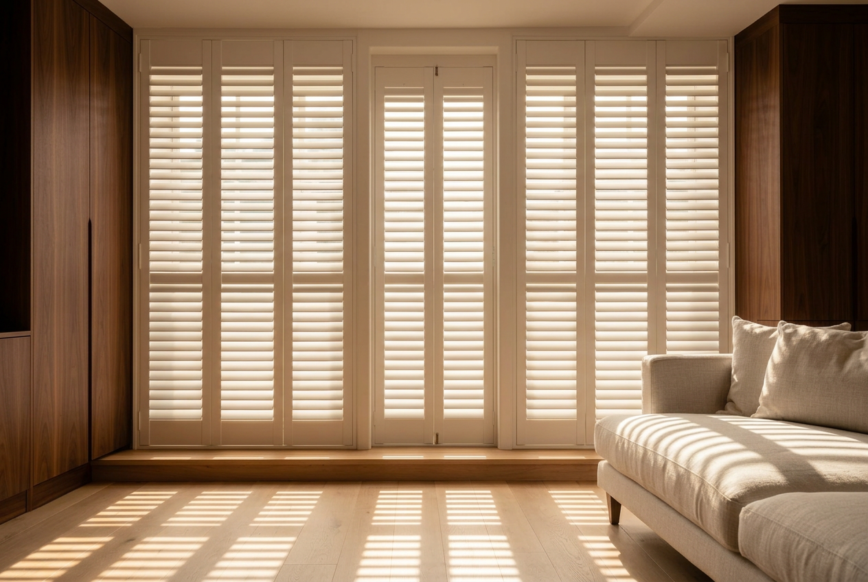 Detail of a full-height plantation shutter