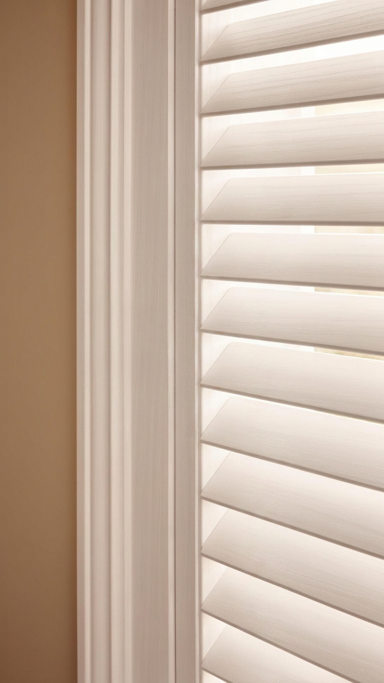 Close-up of crisp white louvres with brushed nickel tilt rod