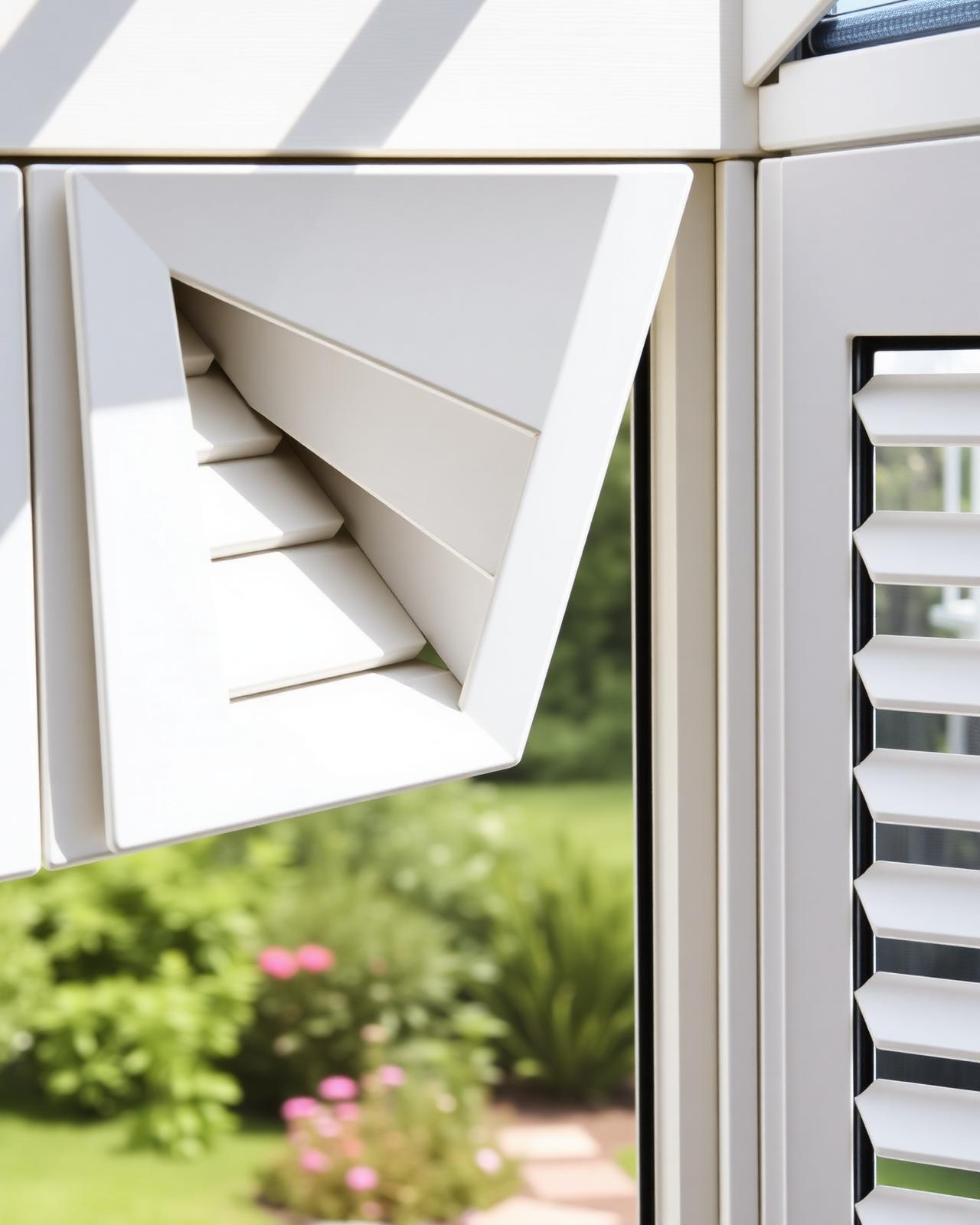 Close-up of louvres angled to deflect sun, garden beyond