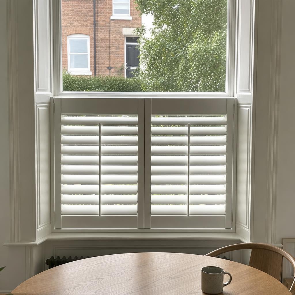 Dining room with white café style shutters, oak table and pink garden roses