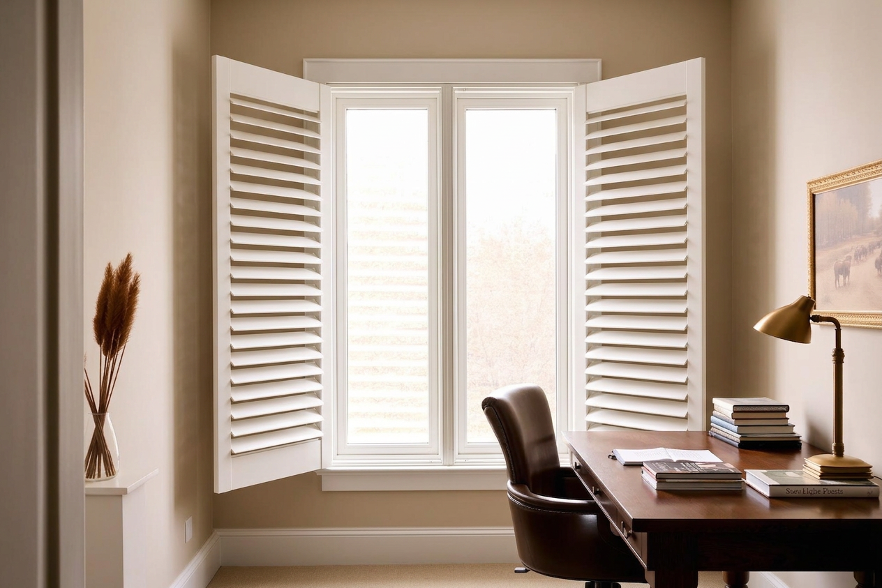 Home office finished with plantation shutters