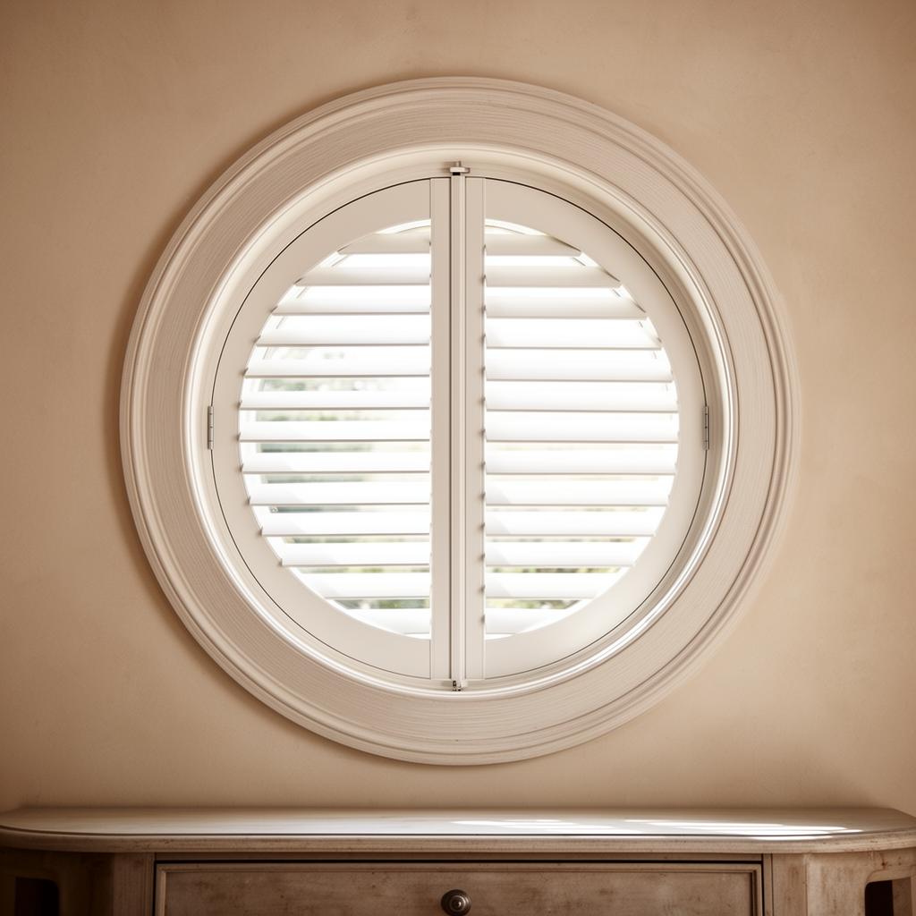 Hallway with circular porthole window dressed in plantation shutters