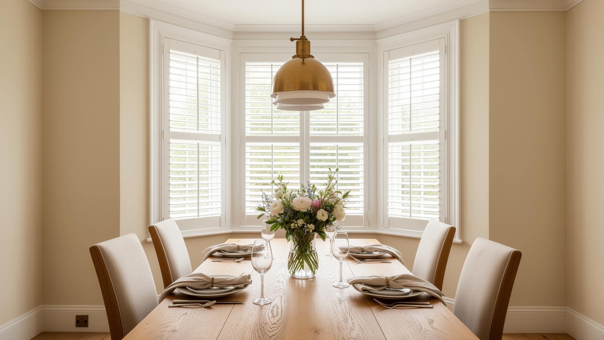 Newcastle dining room with white plantation shutters across a five-facet bay window