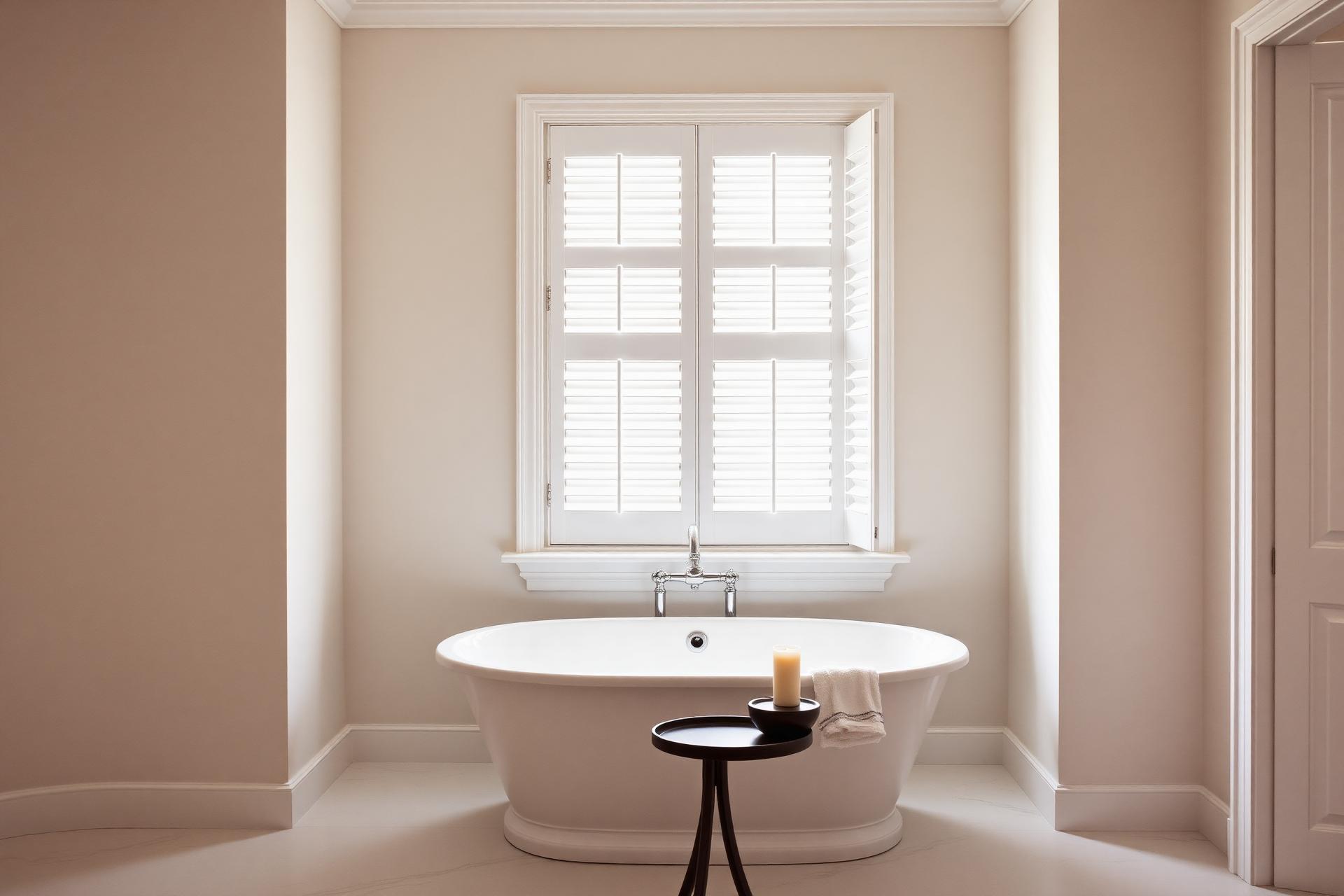 Calm bathroom interior with freestanding bath and shuttered window