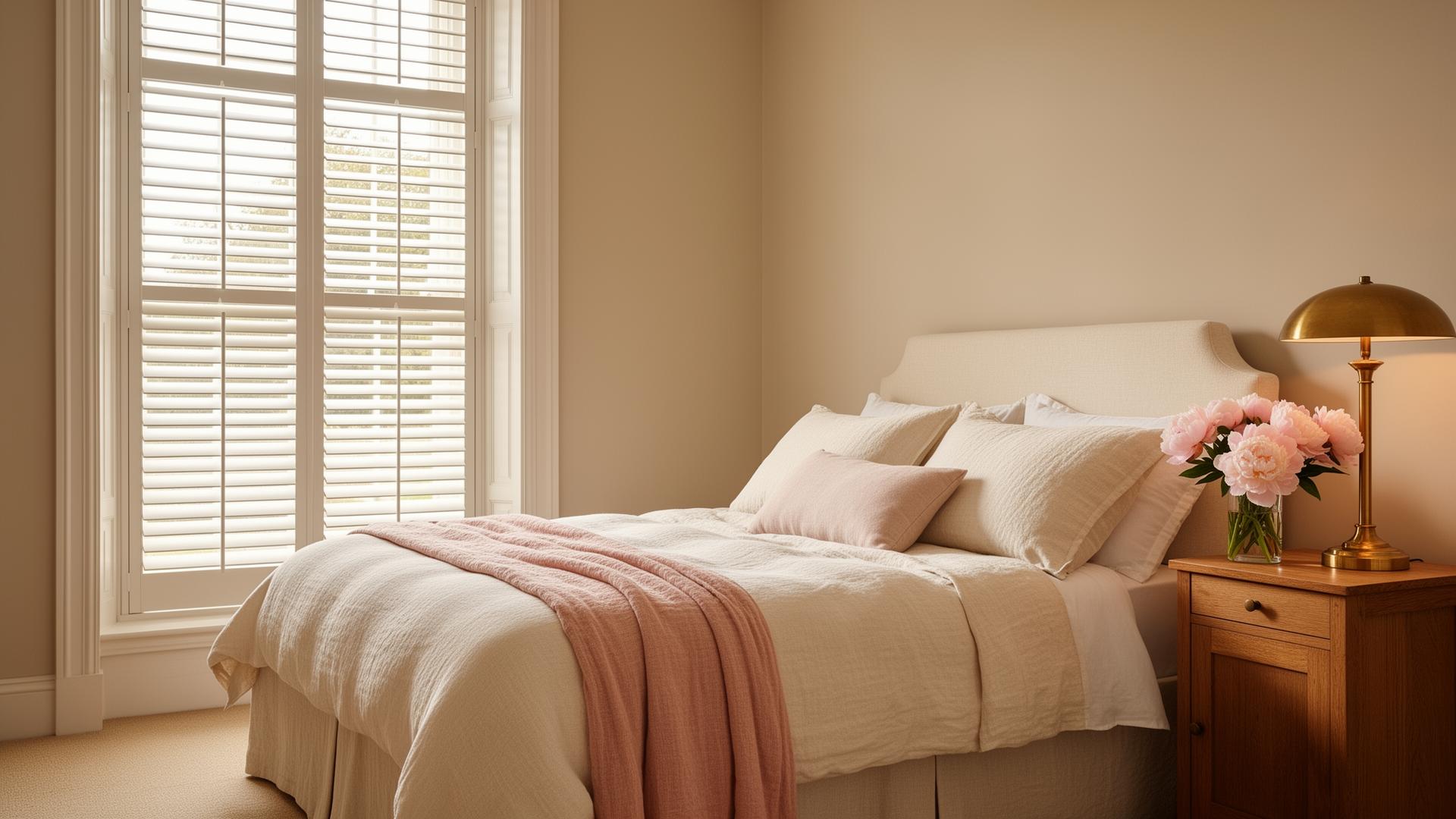 Calm bedroom with full height shutters at a tall window
