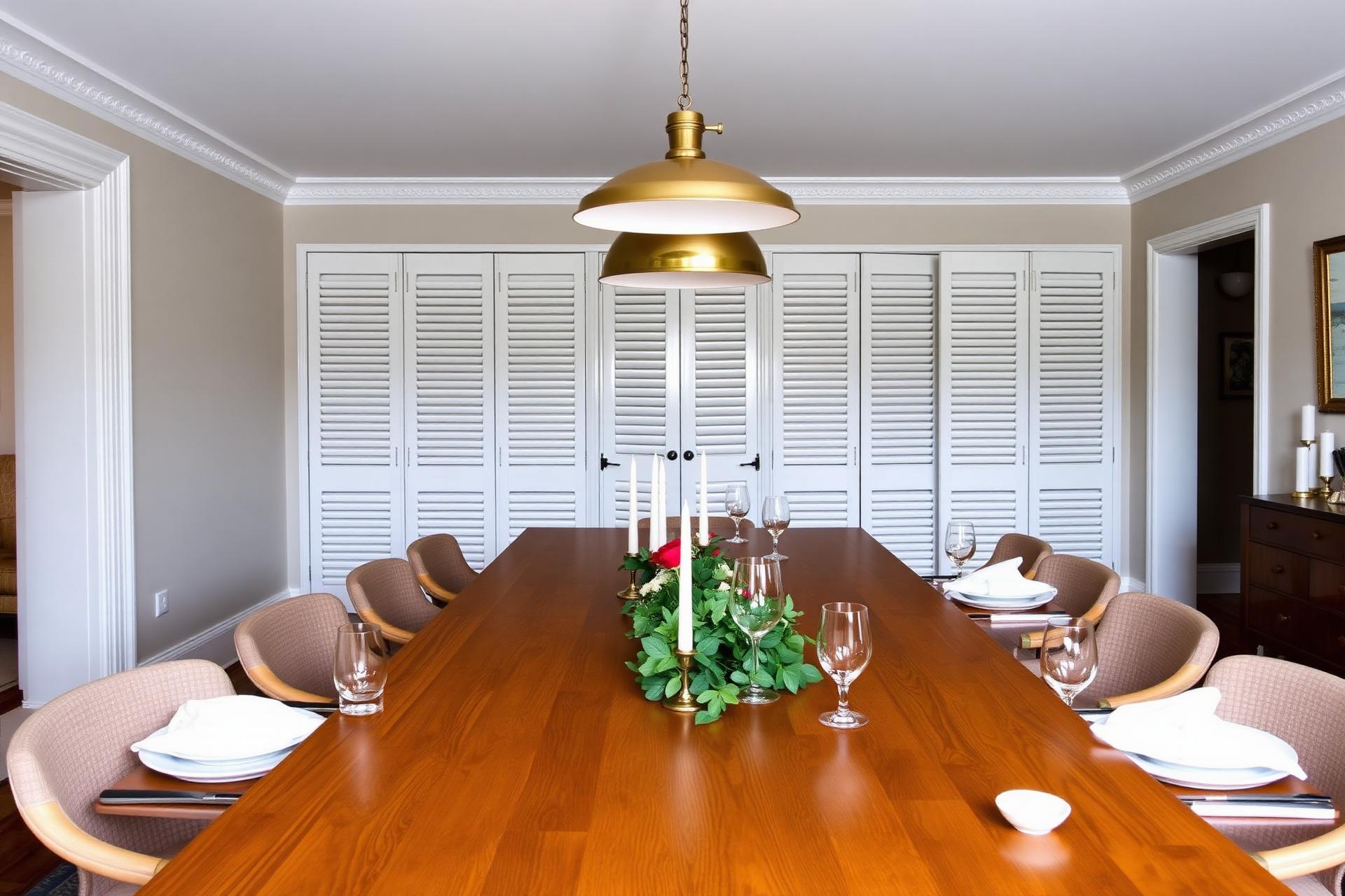 Long oak dining table set for a dinner party with white shutters across the back wall