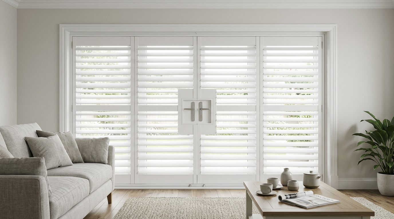 Conservatory dining room with French doors and white plantation shutters