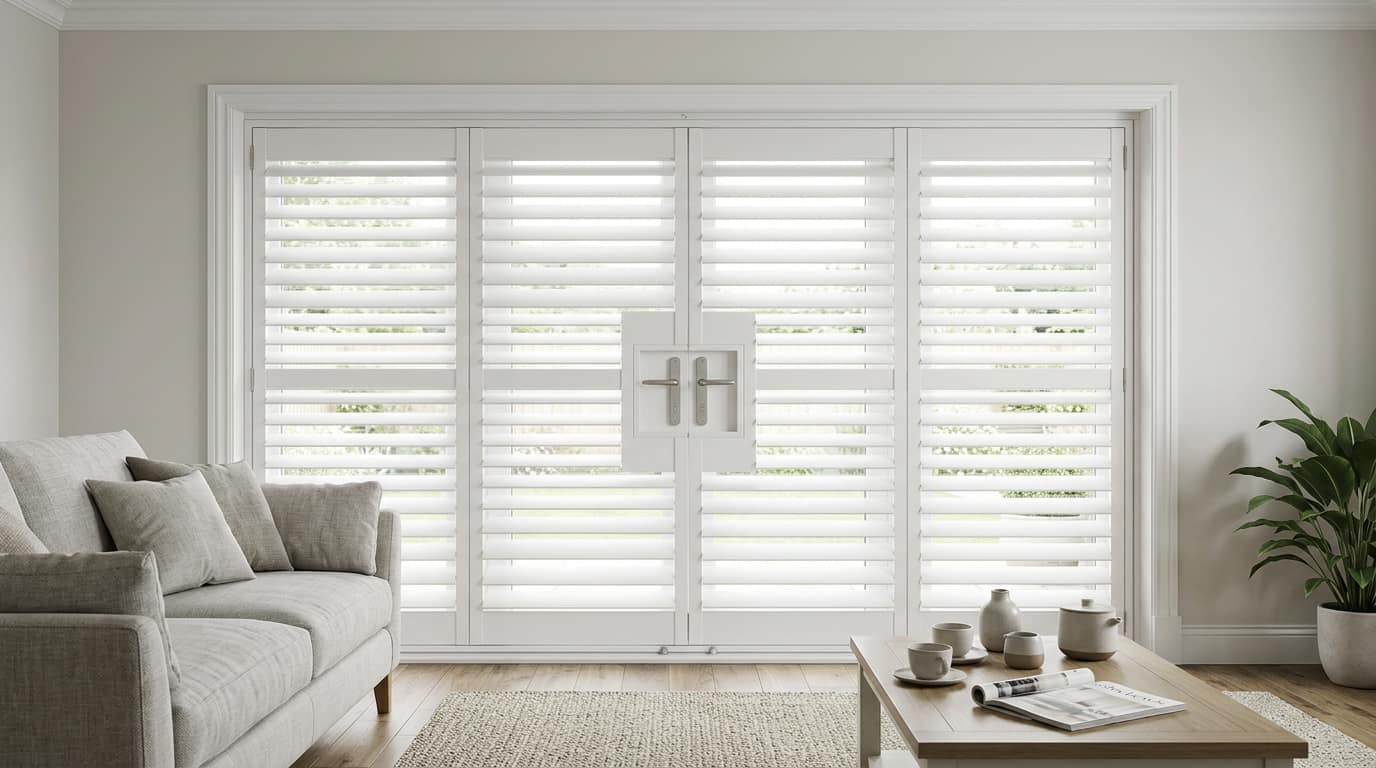 Conservatory dining room with French doors and white plantation shutters