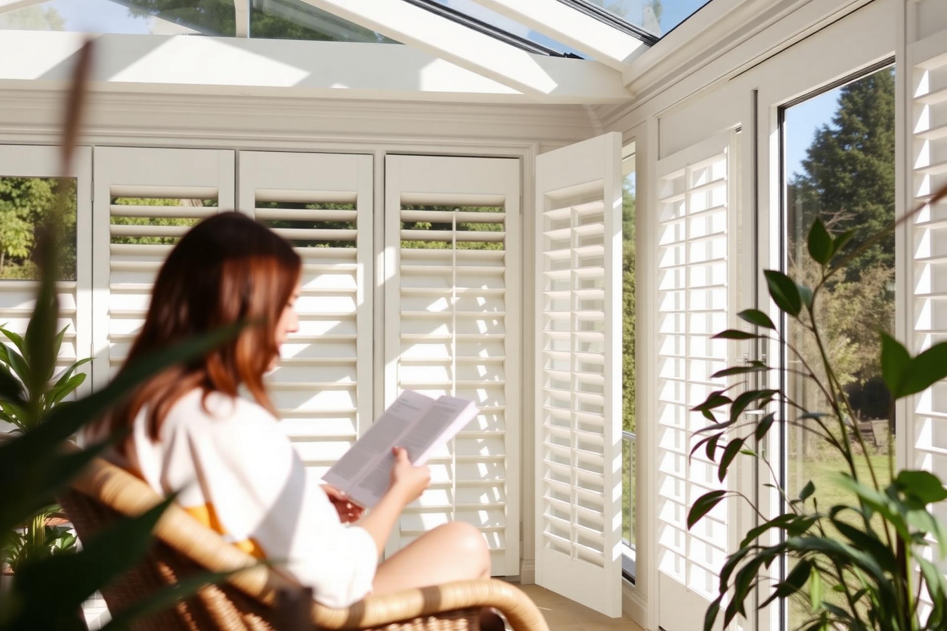 Woman reading in a sunlit conservatory dressed with white plantation shutters