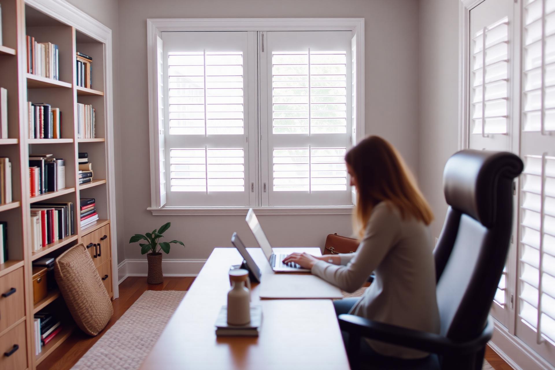 Woman working at an oak desk by a shuttered window in soft natural light