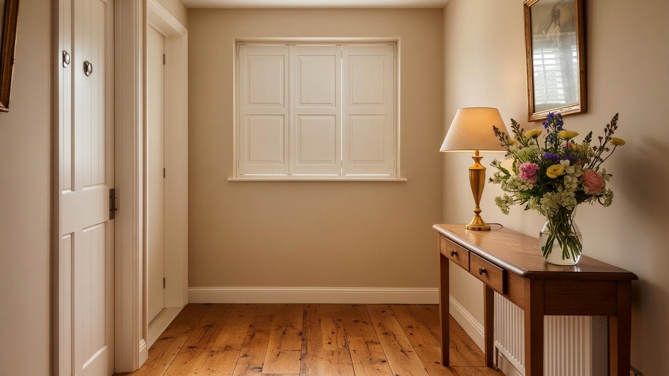 Period hallway with solid panel shutters and oak console table