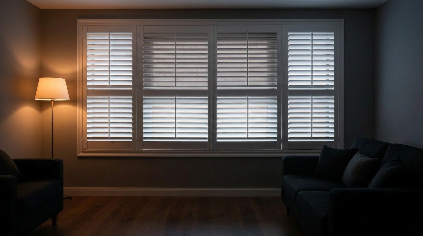 Home media room with shutter-and-shade fully closed for blackout