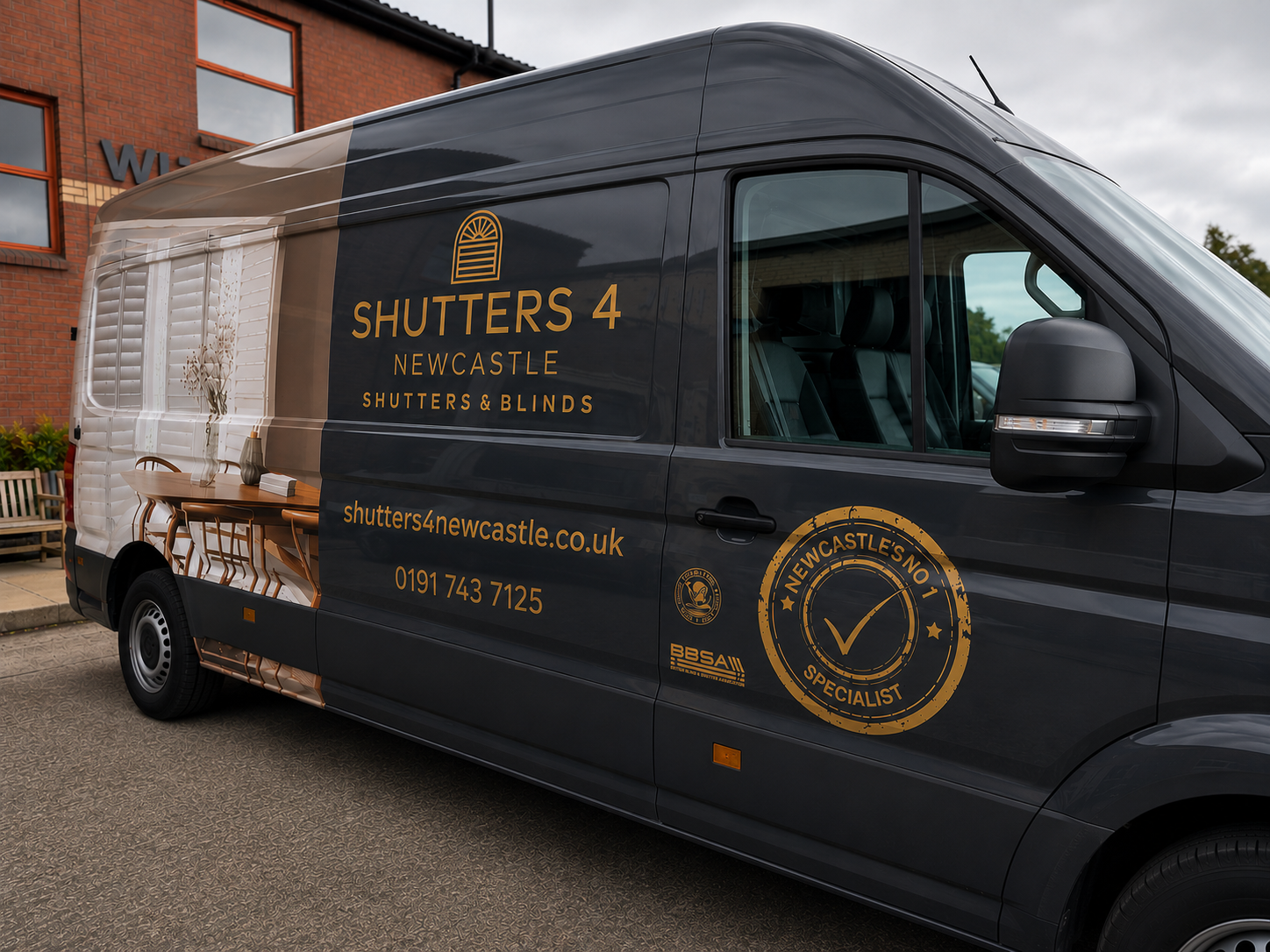 Shutters 4 Newcastle branded van parked outside the workshop
