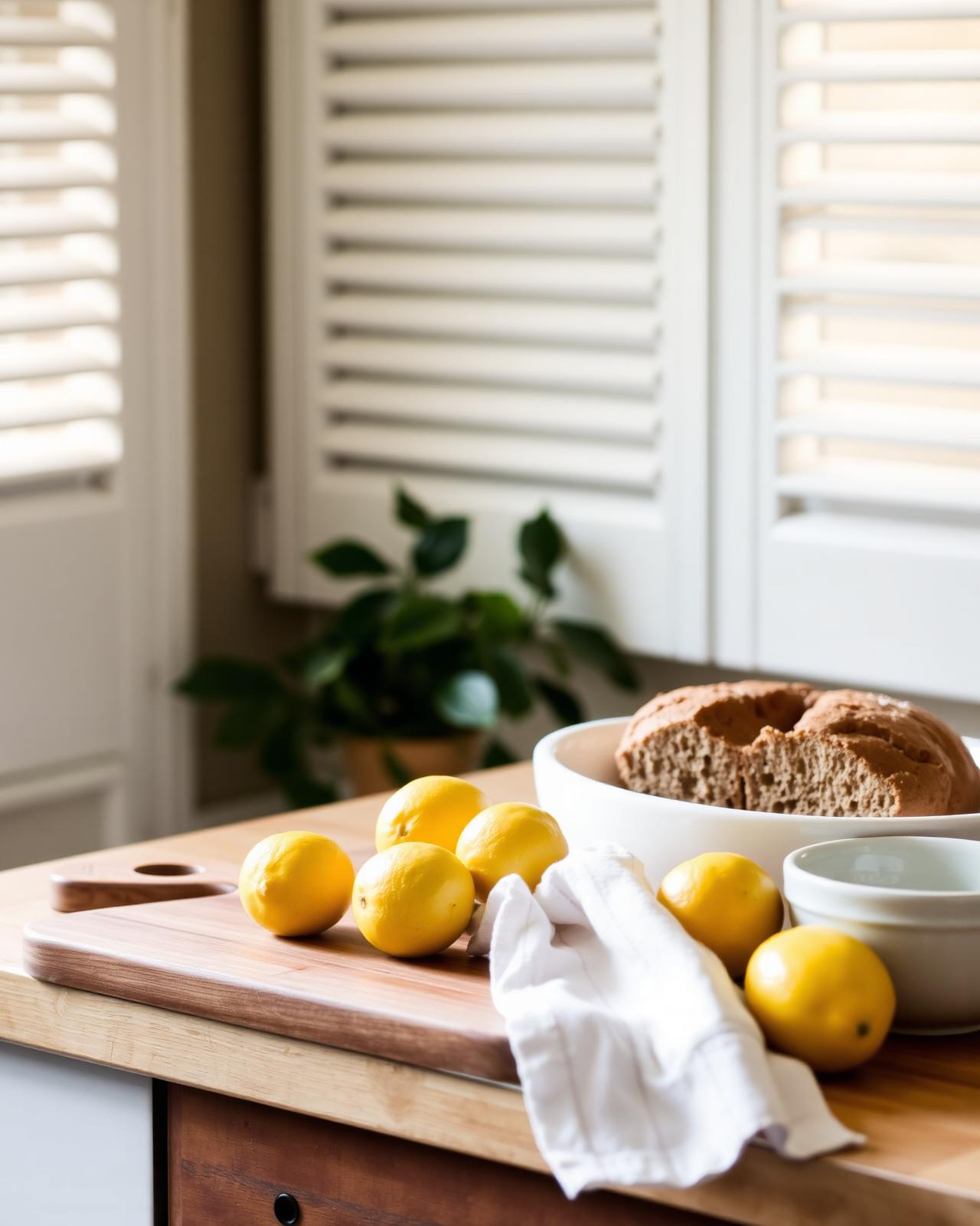 Wooden board with lemons, sourdough and a linen tea towel