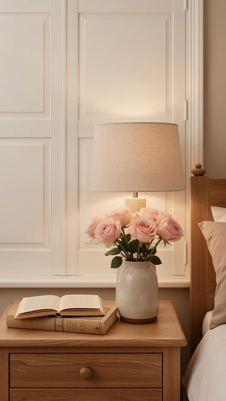 Bedside vignette with solid panel shutters as backdrop