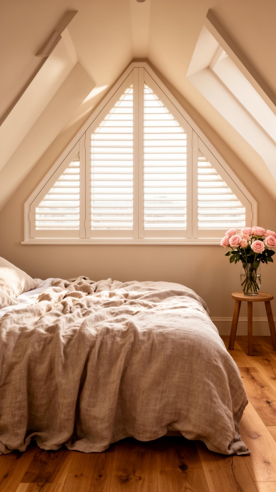 Triangular gable shutters in a loft bedroom