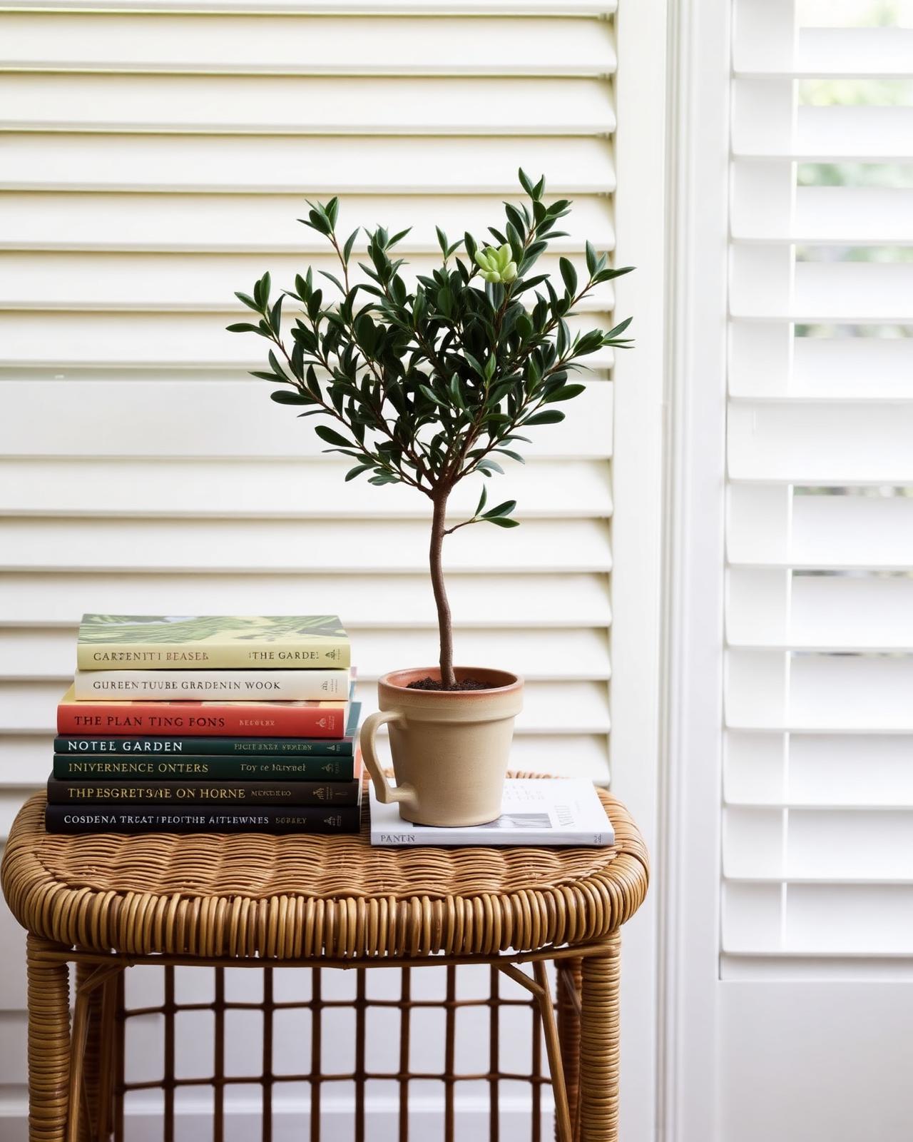 Rattan side table with garden books and an olive tree