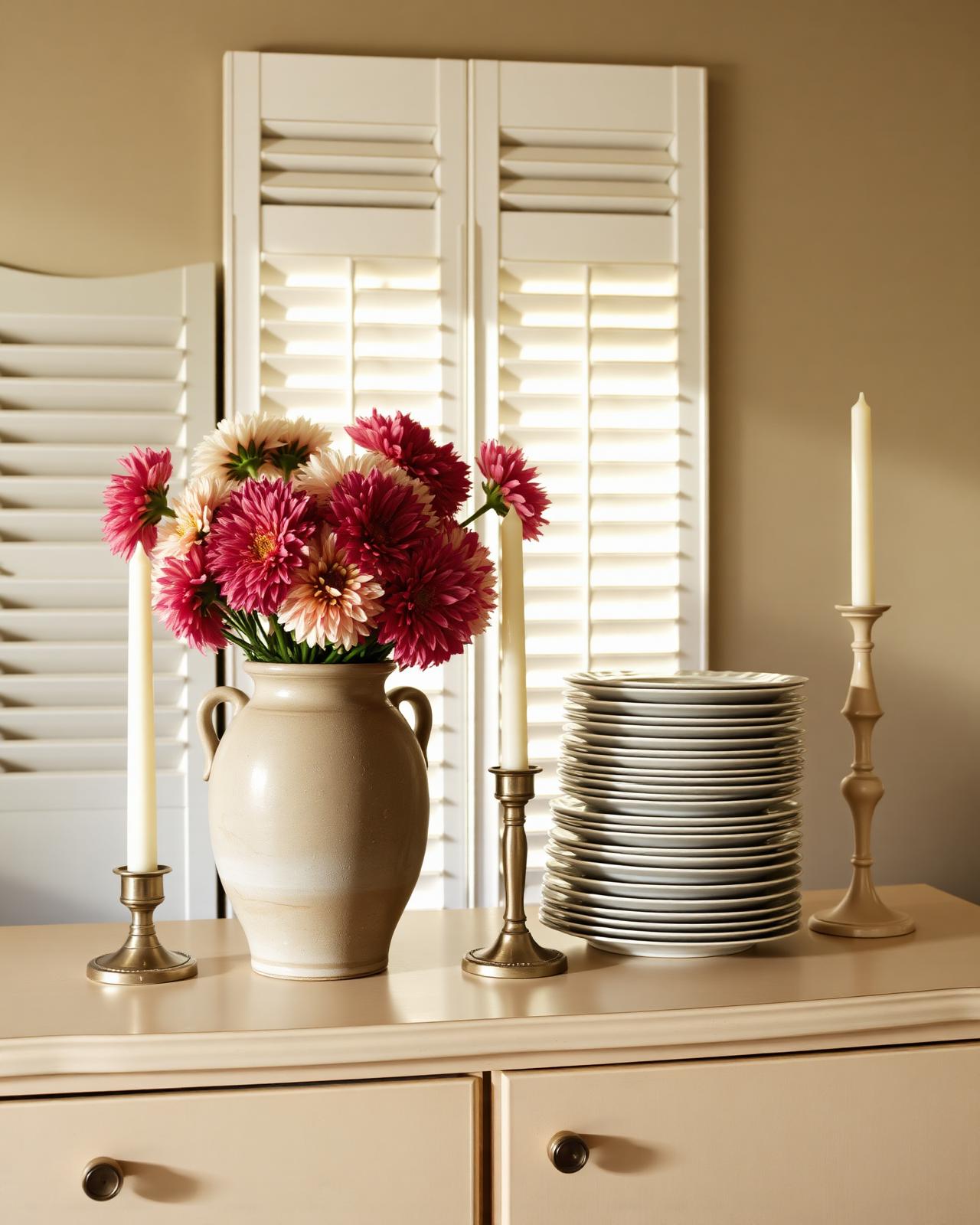 Sideboard with a vase of dahlias and brass candlesticks