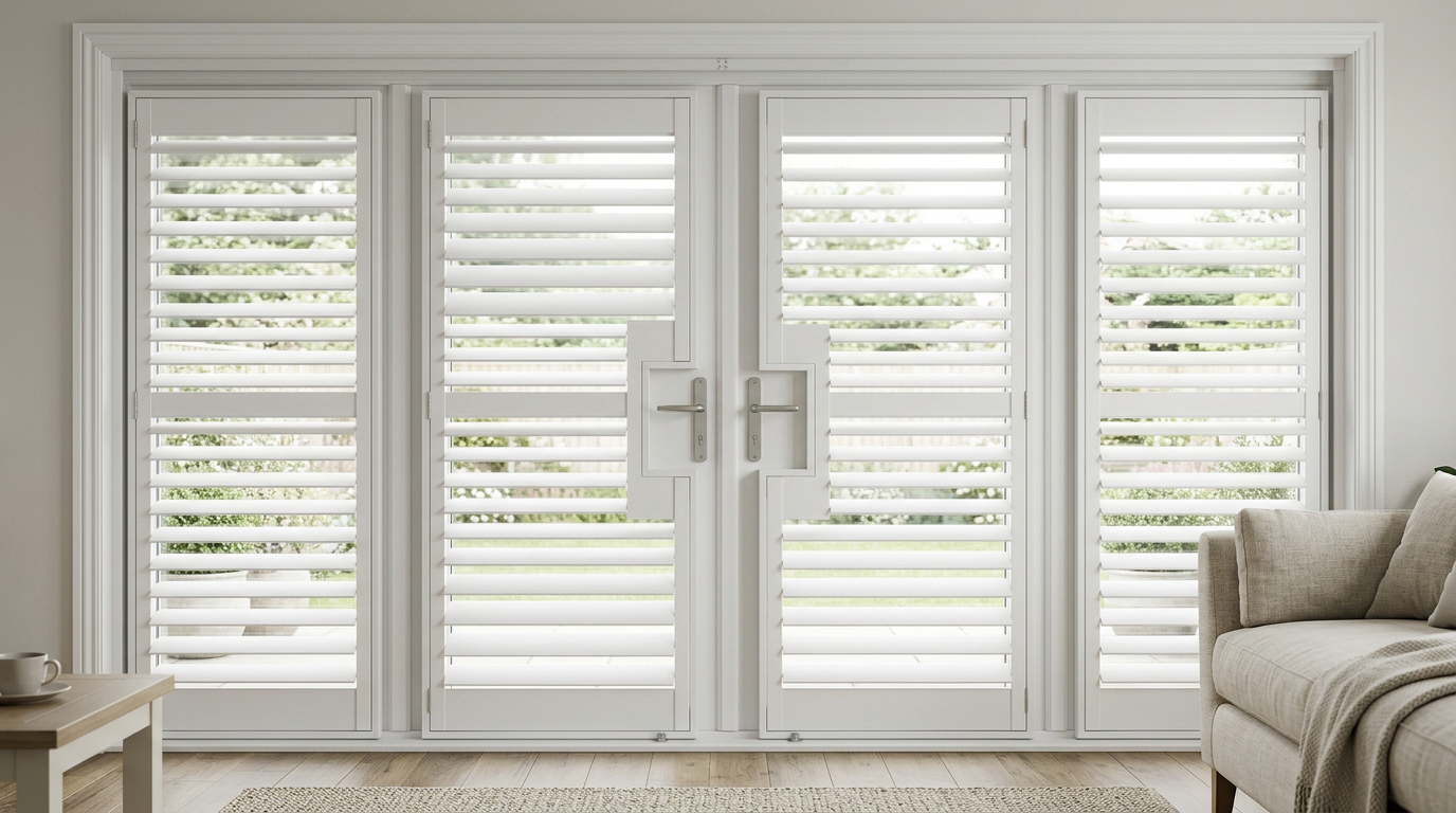 Dining room corner with French door plantation shutters