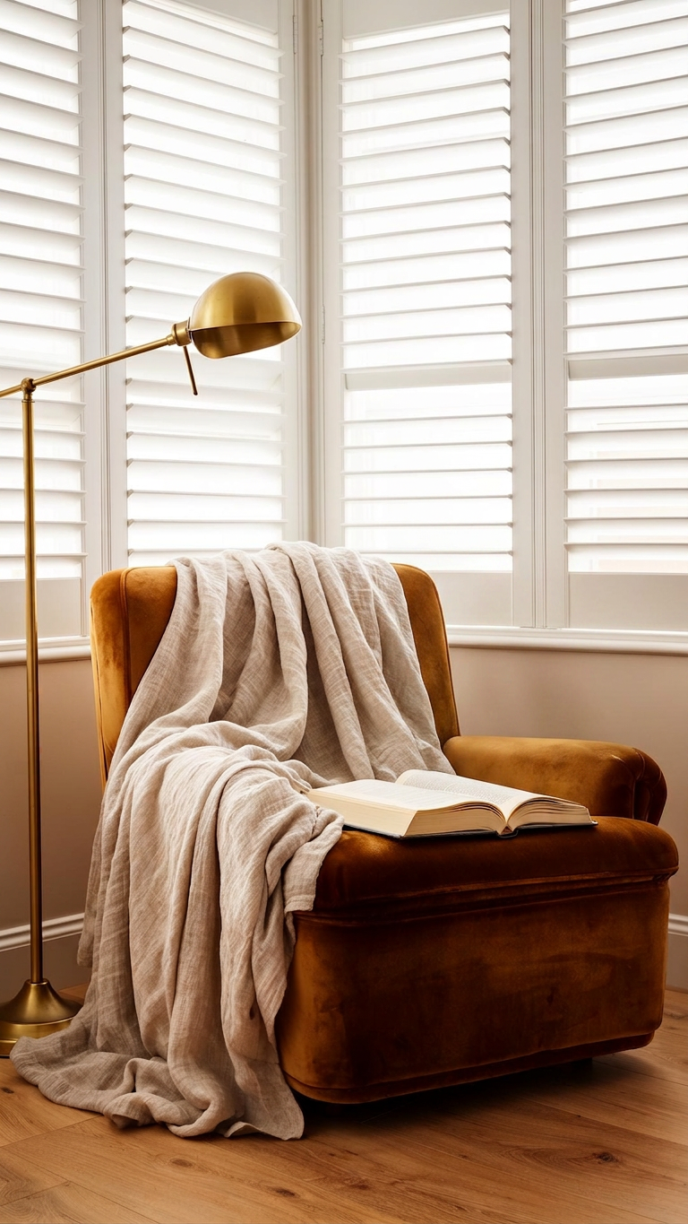 Reading corner with full height shutters, linen throw and pink garden roses