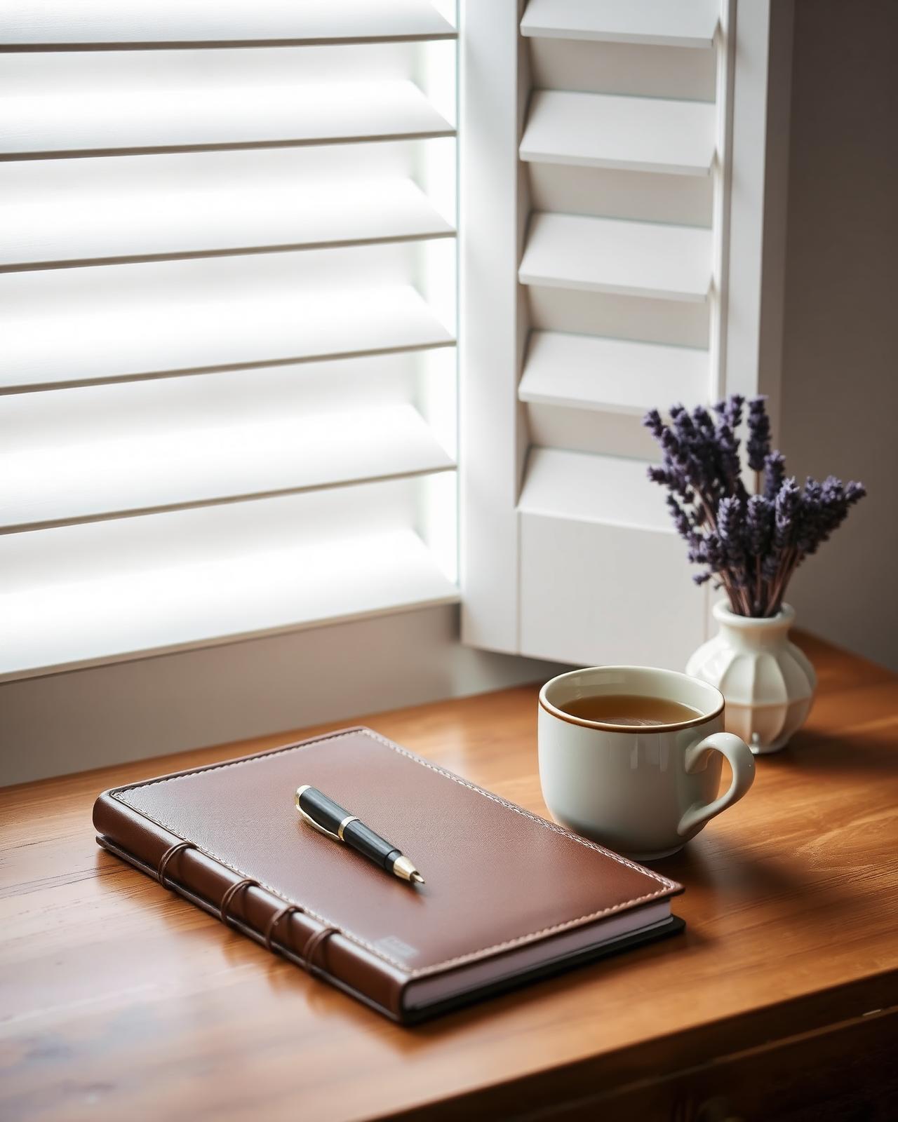 Leather notebook, pen and a cup of tea on an oak desk