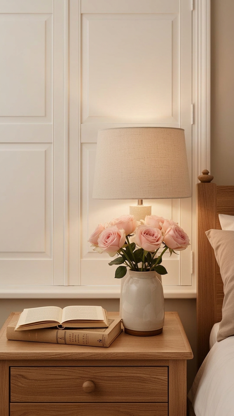 Bedside vignette with solid panel shutters as backdrop