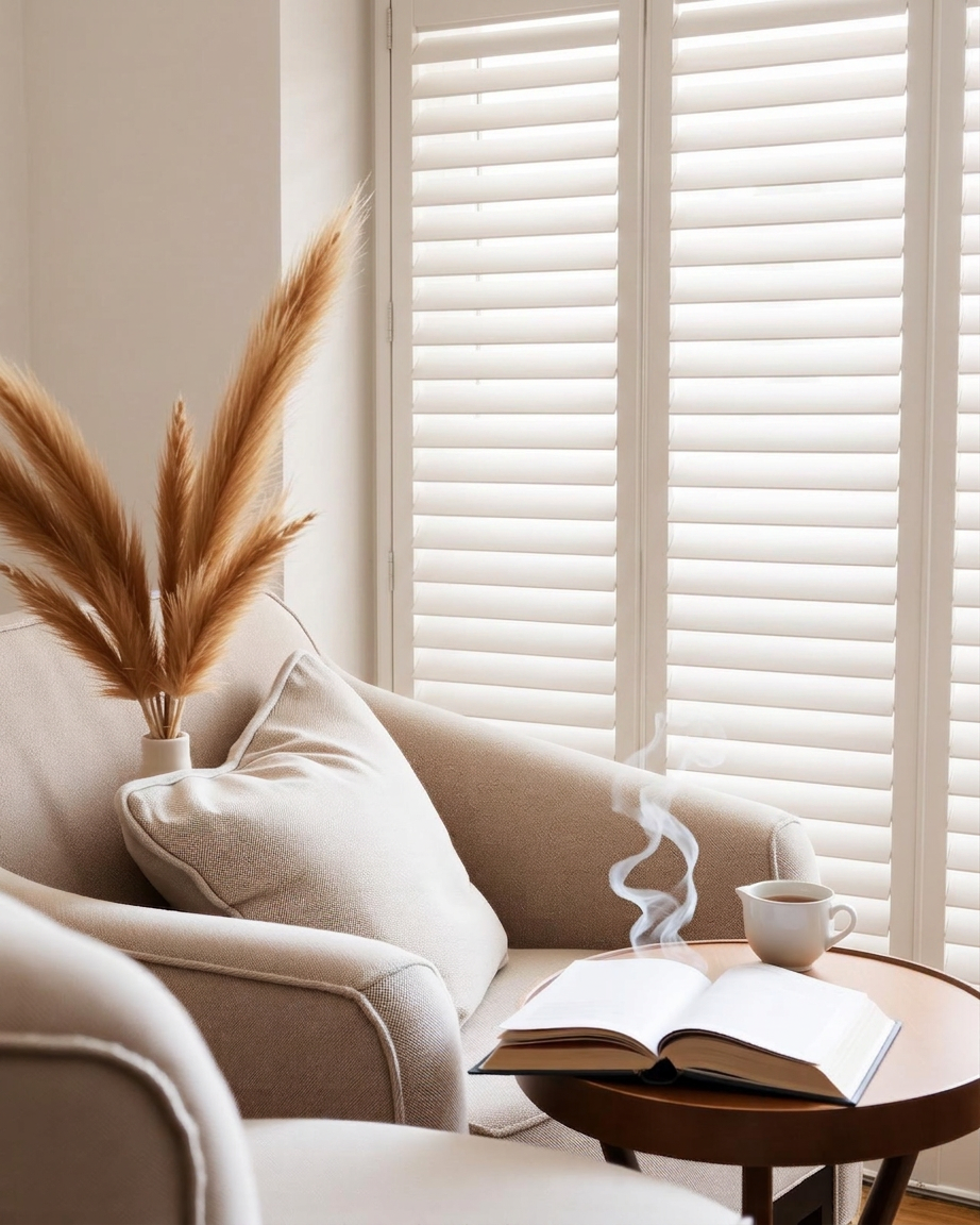 Premium hardwood shutters in a Newcastle living room