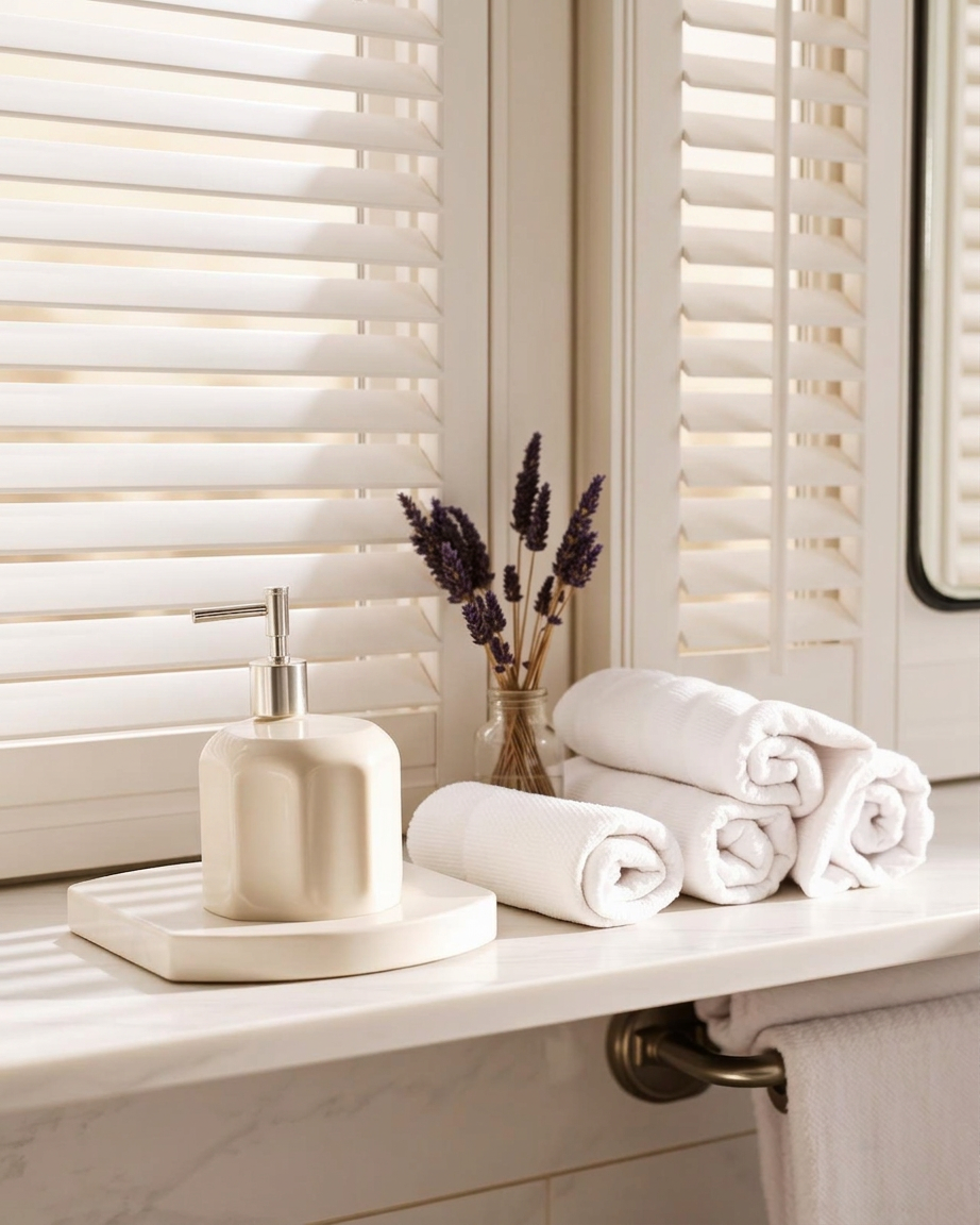 Waterproof faux wood shutters in a Newcastle bathroom