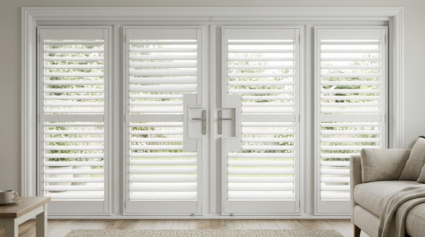Dining room corner with French door plantation shutters