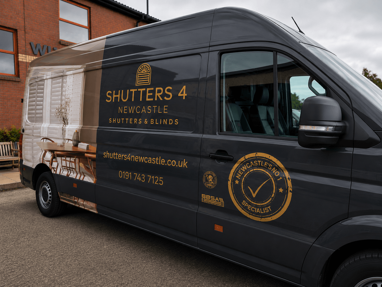 Shutters 4 Newcastle owner standing in front of the branded company van